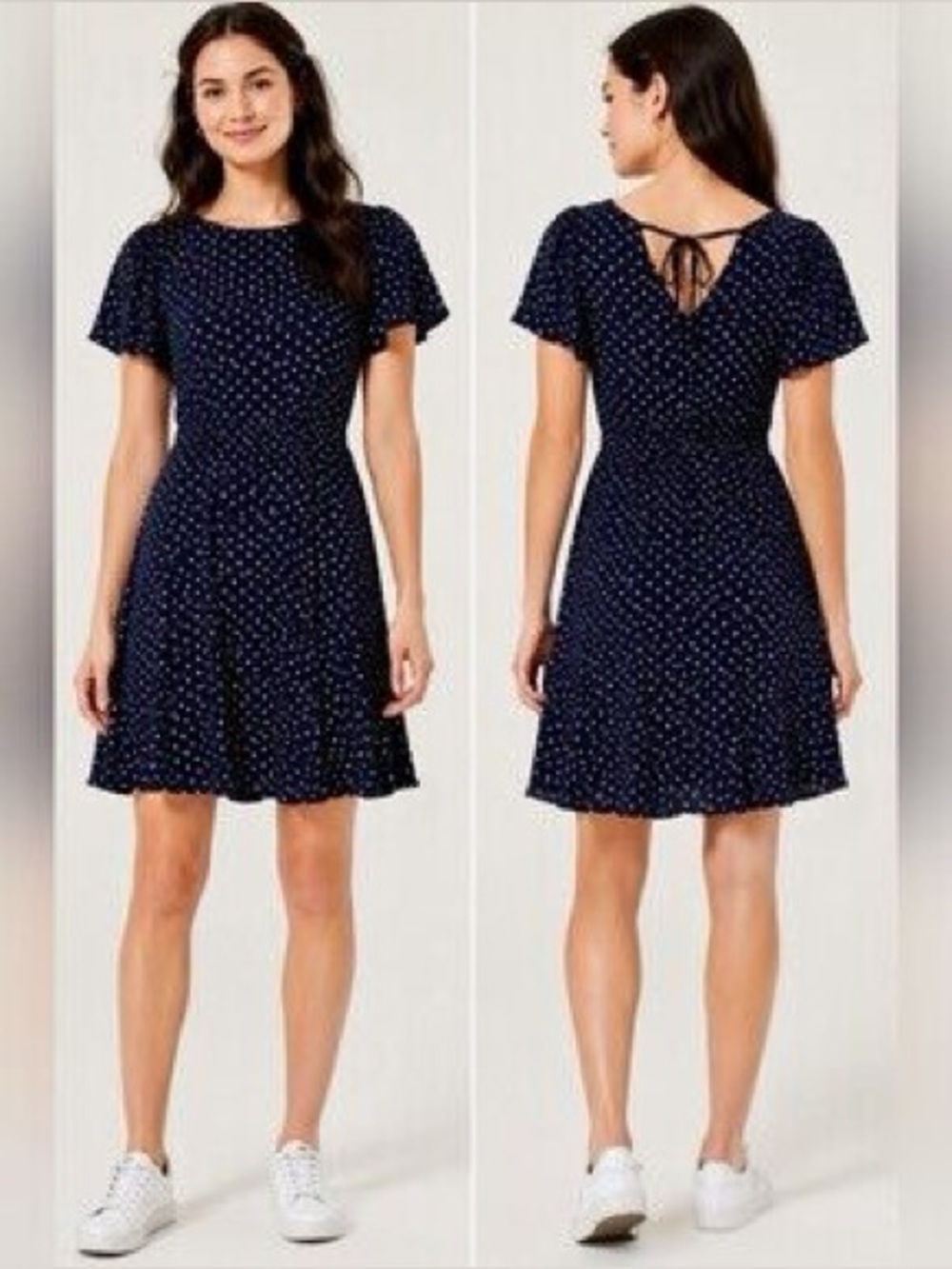LOFT Navy Polka Dot Flutter Sleeve Dress